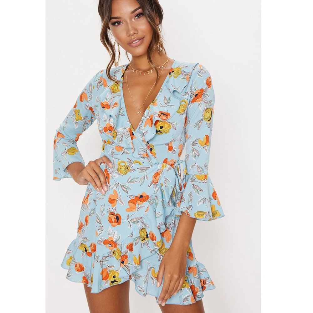 PrettyLittleThing | Dresses | Pretty Little Thing Blue Orange Floral Ruffle Wrap Dress